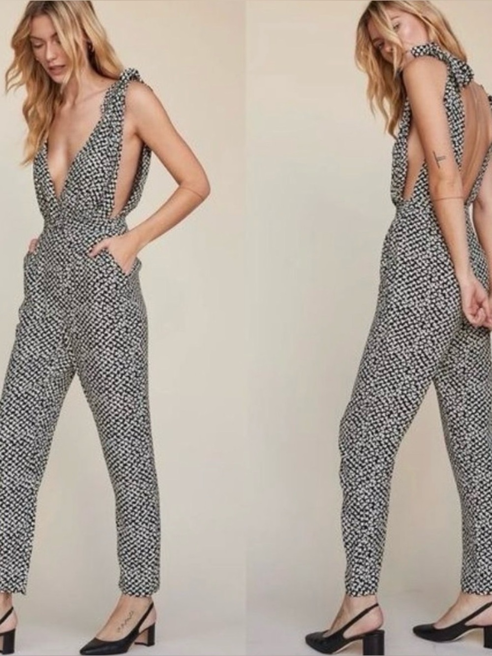 LPA Shoulder Tie Jumpsuit in Black Floral sz XS